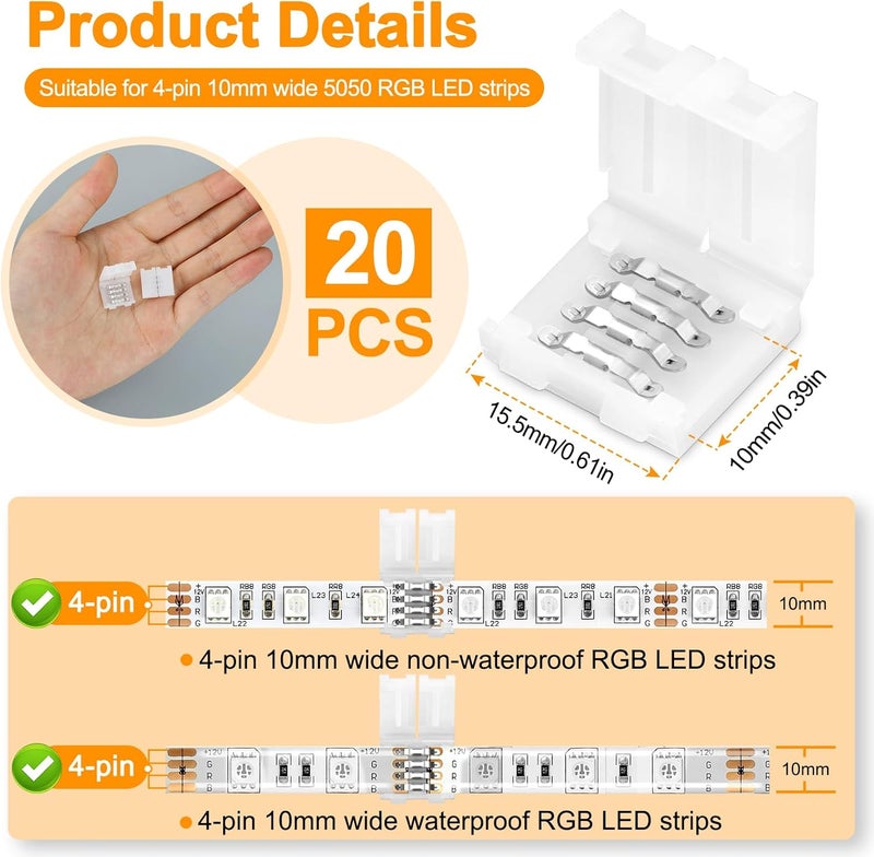 Pmxary 20Pcs 4 Pin LED Strip Connectors for 10mm Wide RGB LED Strip Lights, Solderless Unwired LED Light Connectors, Easily Extend or Splice SMD 5050 Multicolor Strips - Image 2